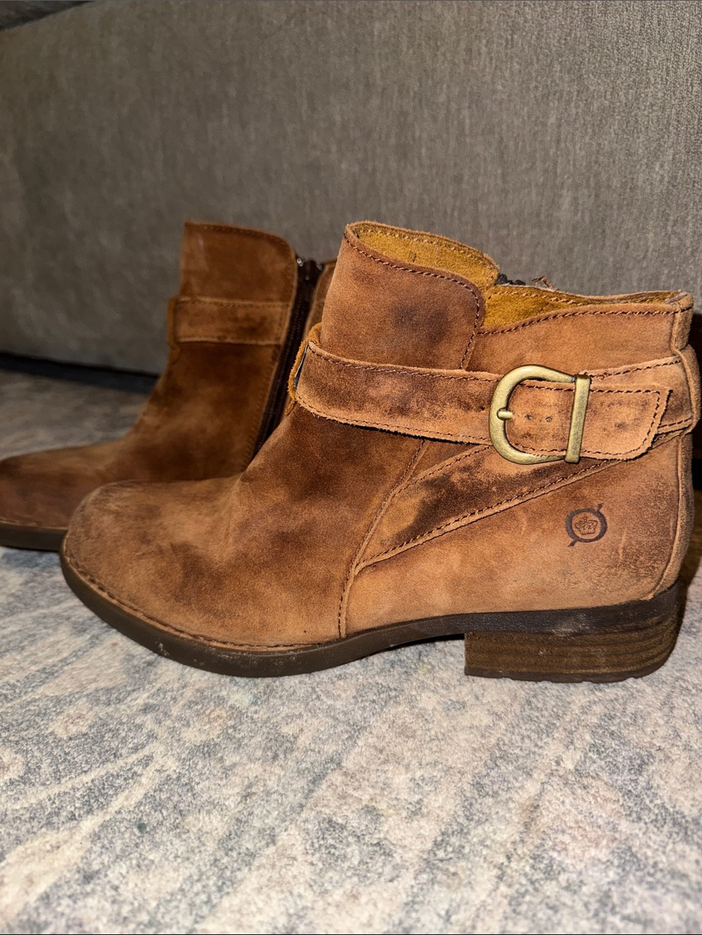 Born Jorgette Brown Suede ankle boots with a buckled strap and side zipper 7M